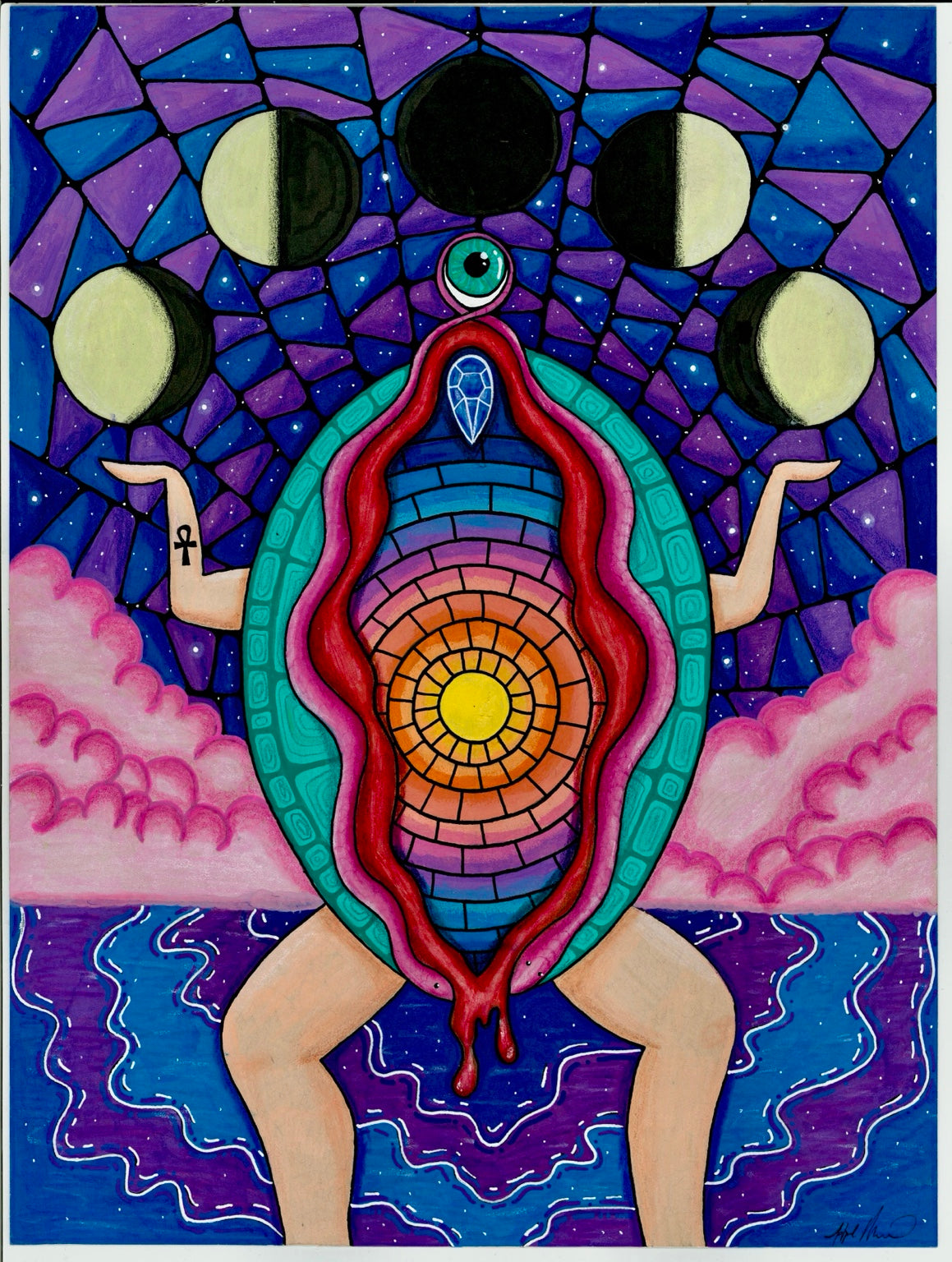 Moon Goddess — original 9 x 12 acrylic and pen artwork by Hope Moreno