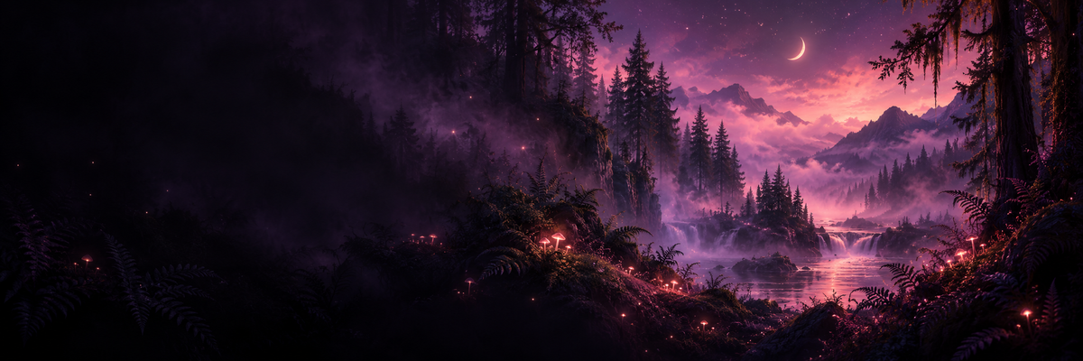 A mystical violet forest with glowing pink mushrooms, a river and crescent moon